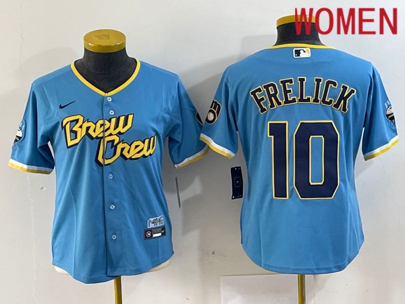 Women Milwaukee Brewers #10 Frelick Blue City Edition 2024 Nike MLB Jersey style 1